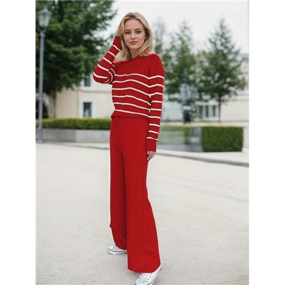 NEW - Burgundy Women'S Knit Sweater Set - Pullover Striped Top With Long Pants - Picture 3 of 8